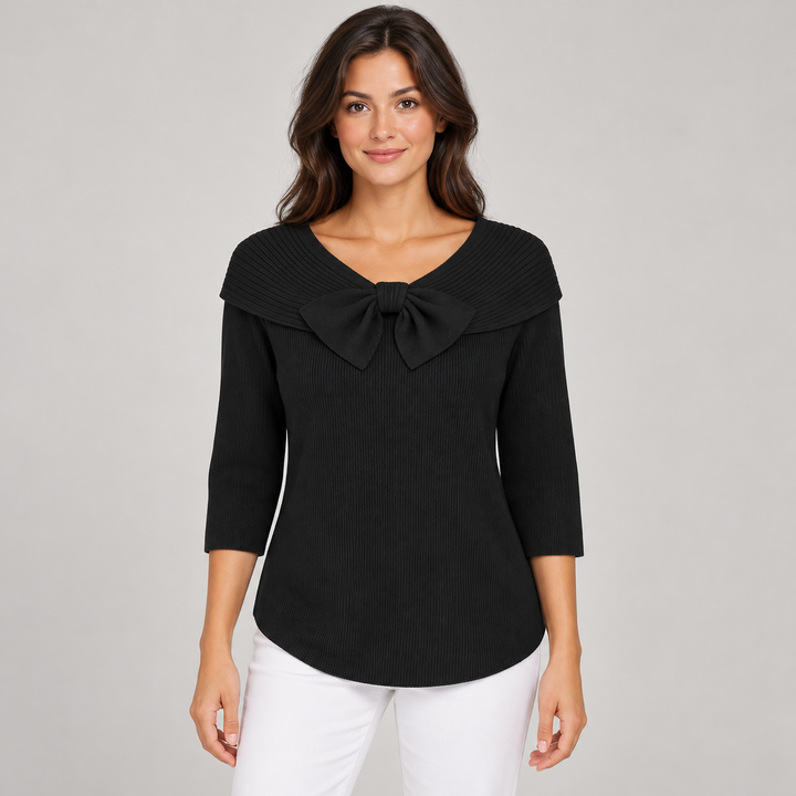 Camilla | Ribstrikket Sweater til Kvinder med Sløjfedetalje og 3/4-Ærmer