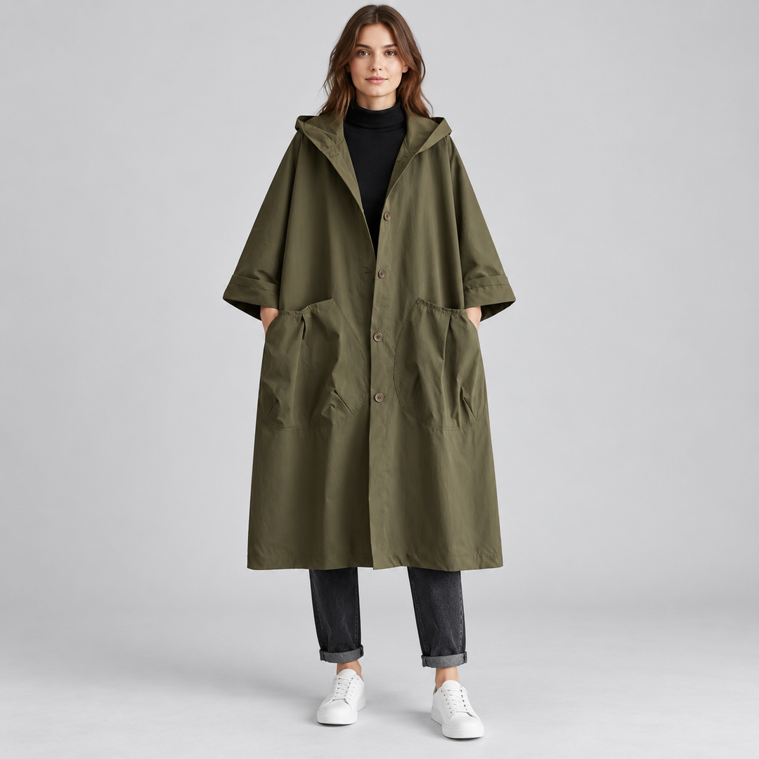 Sigrid | Lang Oversized Vandtæt Frakke til Kvinder med Hætte