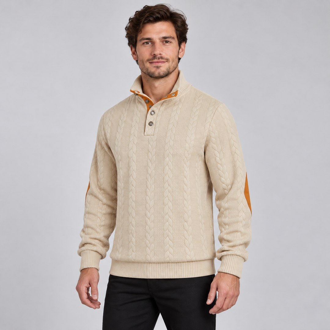Christian | Kabelstrikket Sweater til Mænd med Høj Krave og Knaplukning