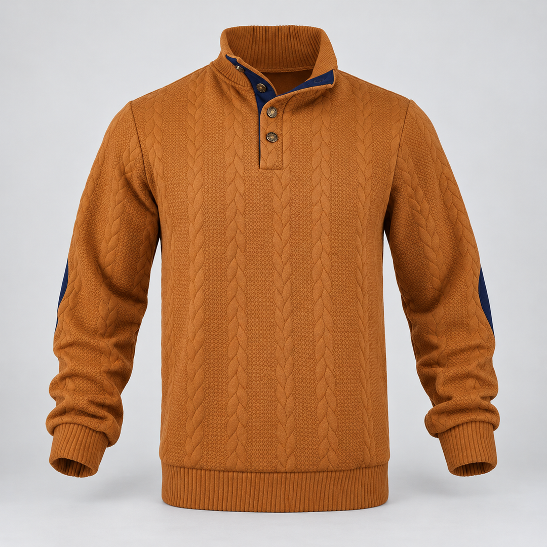 Christian | Kabelstrikket Sweater til Mænd med Høj Krave og Knaplukning