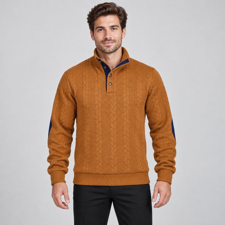 Christian | Kabelstrikket Sweater til Mænd med Høj Krave og Knaplukning