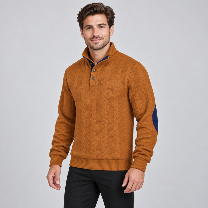 Christian | Kabelstrikket Sweater til Mænd med Høj Krave og Knaplukning