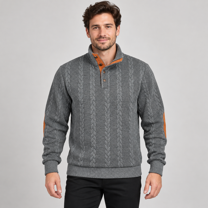 Christian | Kabelstrikket Sweater til Mænd med Høj Krave og Knaplukning