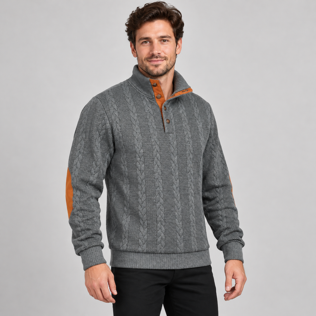 Christian | Kabelstrikket Sweater til Mænd med Høj Krave og Knaplukning
