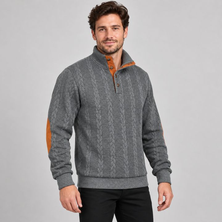 Christian | Kabelstrikket Sweater til Mænd med Høj Krave og Knaplukning