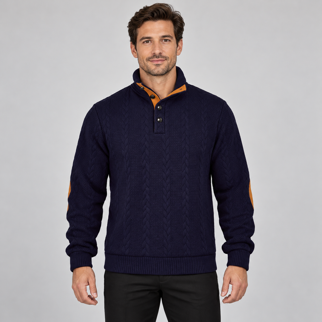 Christian | Kabelstrikket Sweater til Mænd med Høj Krave og Knaplukning