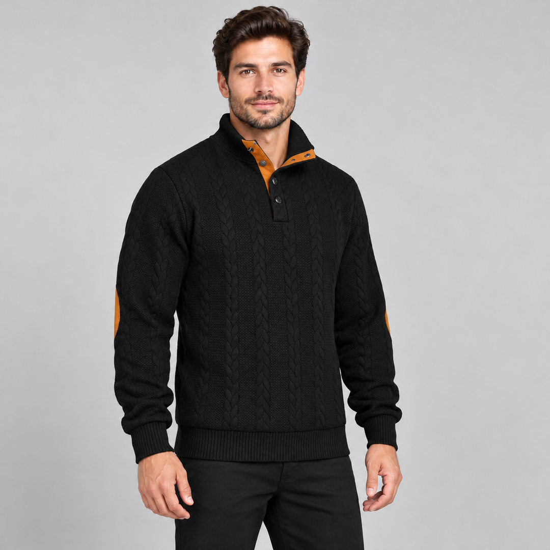 Christian | Kabelstrikket Sweater til Mænd med Høj Krave og Knaplukning