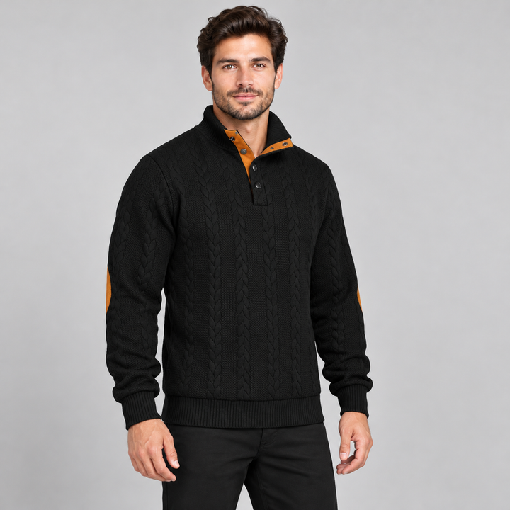 Christian | Kabelstrikket Sweater til Mænd med Høj Krave og Knaplukning