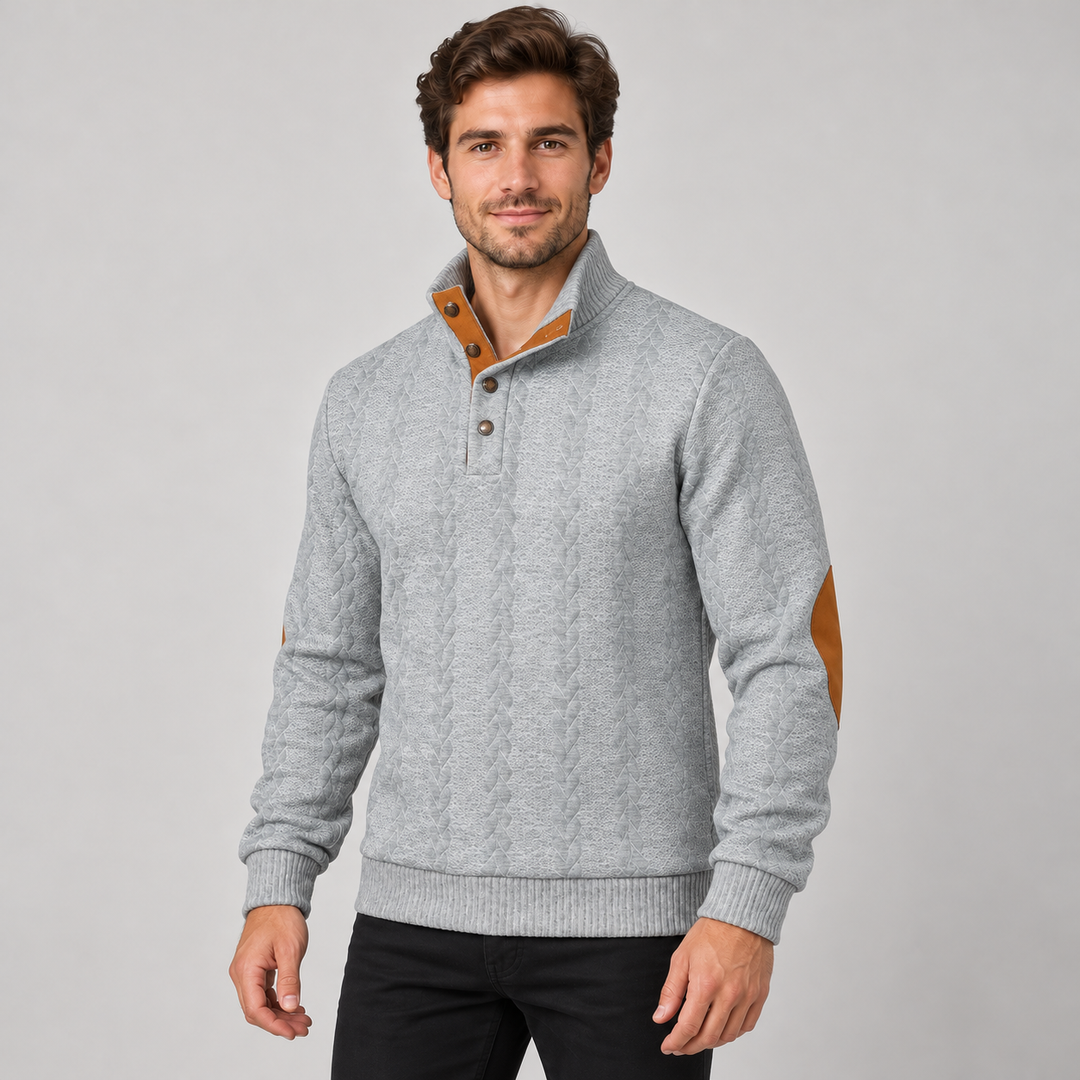 Christian | Kabelstrikket Sweater til Mænd med Høj Krave og Knaplukning