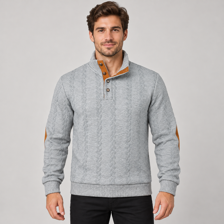 Christian | Kabelstrikket Sweater til Mænd med Høj Krave og Knaplukning