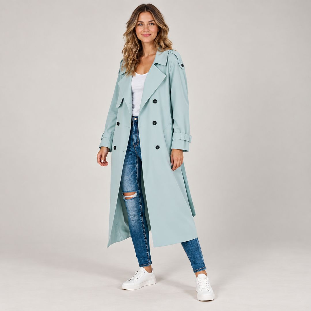 Freja | Dobbeltradet Vandtæt Lang Trenchcoat til Kvinder