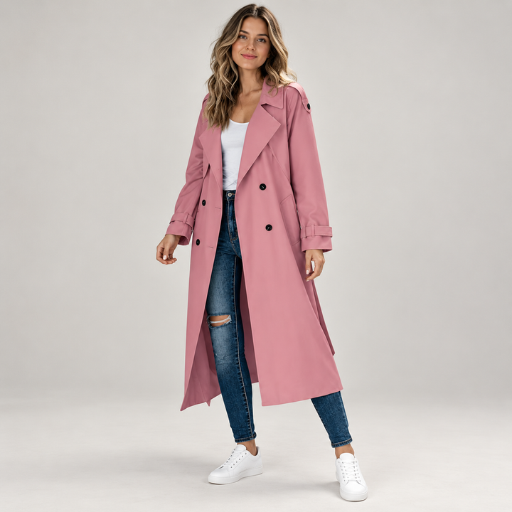 Freja | Dobbeltradet Vandtæt Lang Trenchcoat til Kvinder