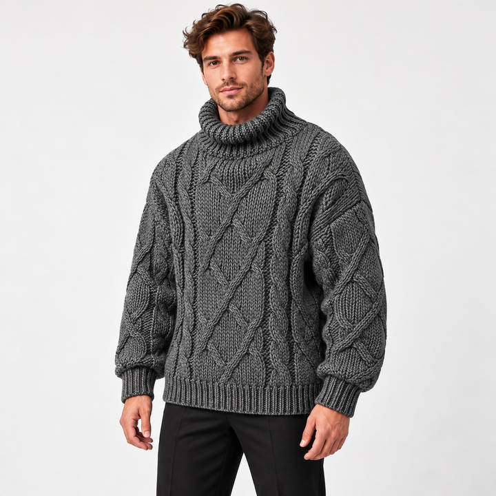 Lars | Kabelstrikket Rullekravesweater til Mænd med Lange Ærmer Rod 1