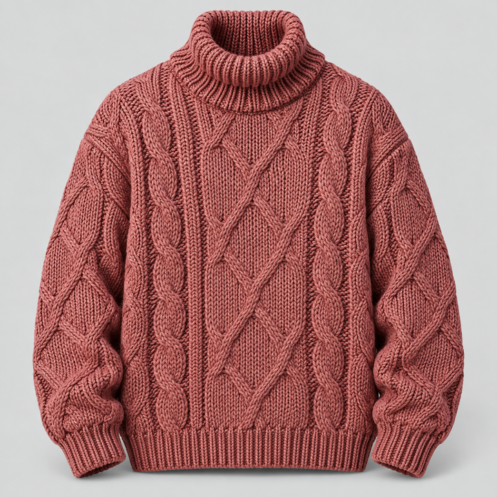 Lars | Kabelstrikket Rullekravesweater til Mænd med Lange Ærmer Rod 1