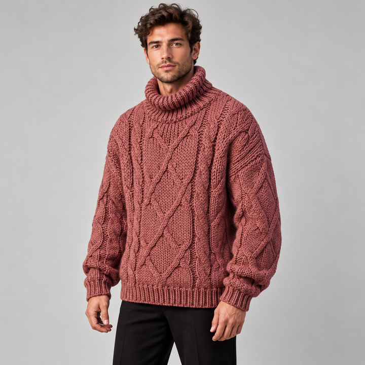 Lars | Kabelstrikket Rullekravesweater til Mænd med Lange Ærmer Rod 1