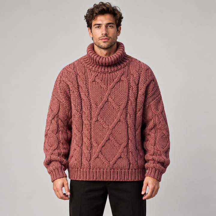 Lars | Kabelstrikket Rullekravesweater til Mænd med Lange Ærmer Rod 1