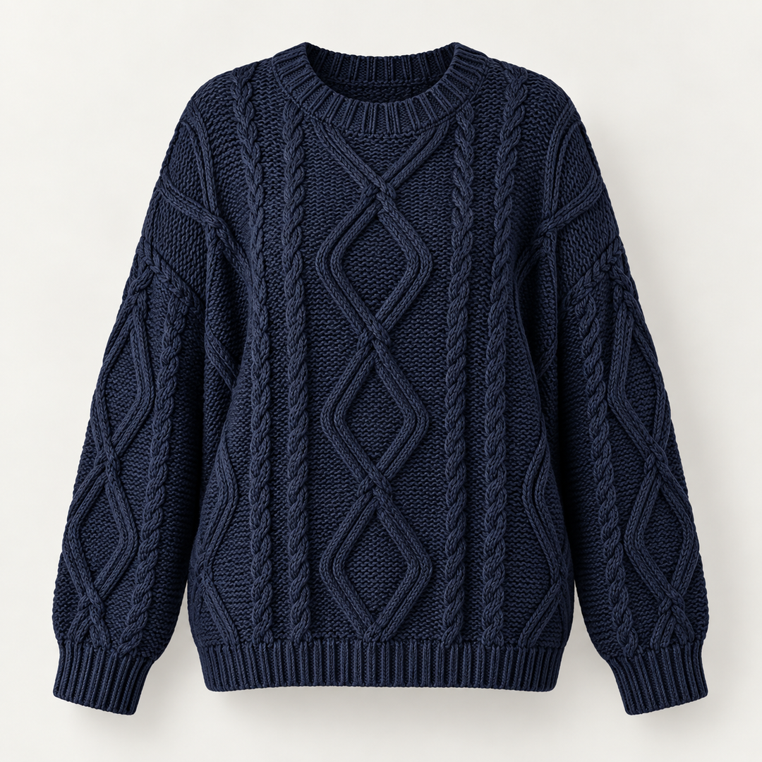 Lisbeth | Oversized Kabelstrikket Sweater til Kvinder med Rund Hals Abrikos
