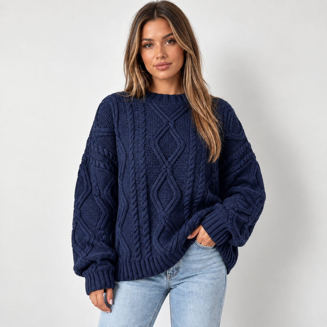 Lisbeth | Oversized Kabelstrikket Sweater til Kvinder med Rund Hals Abrikos