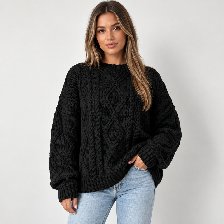 Lisbeth | Oversized Kabelstrikket Sweater til Kvinder med Rund Hals Abrikos