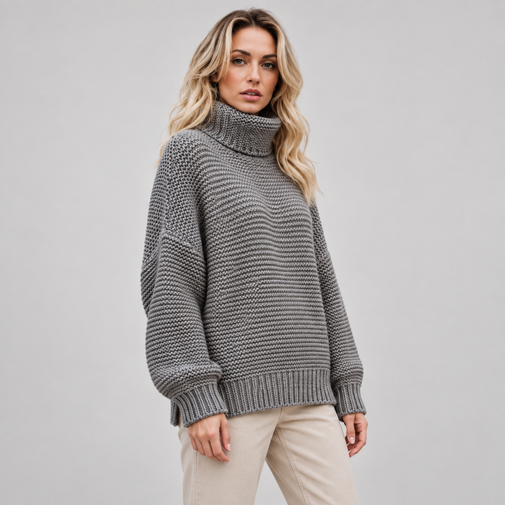Maja | Tekstureret Rullekravesweater til Kvinder med Ribbede Manchetter