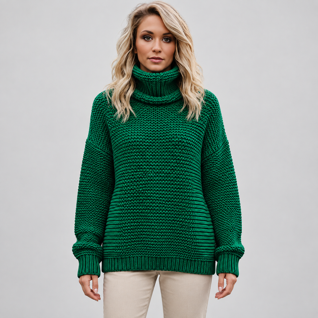 Maja | Tekstureret Rullekravesweater til Kvinder med Ribbede Manchetter