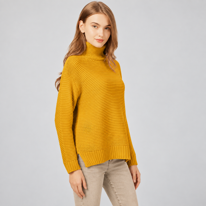 Maja | Tekstureret Rullekravesweater til Kvinder med Ribbede Manchetter