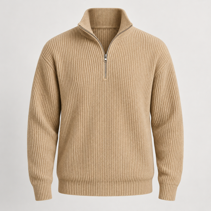 Niels | Ribstrikket Half-Zip Sweater til Mænd med Høj Krave