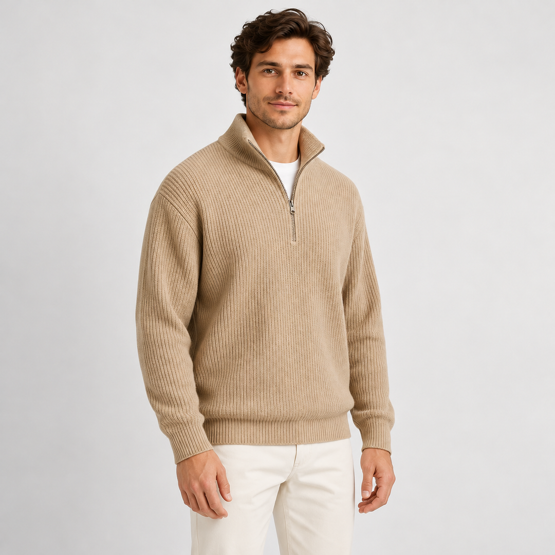 Niels | Ribstrikket Half-Zip Sweater til Mænd med Høj Krave