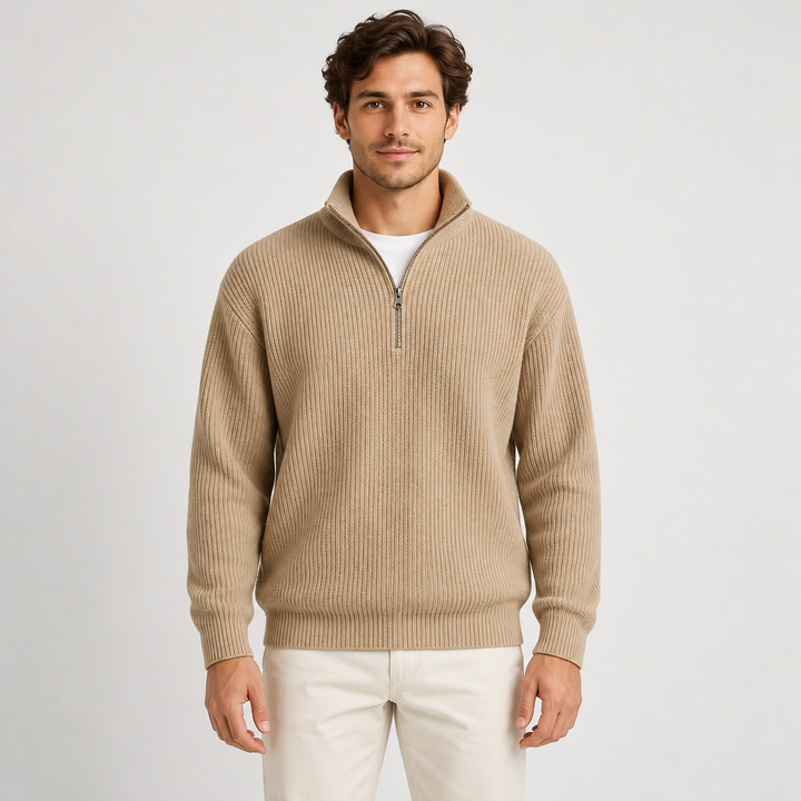 Niels | Ribstrikket Half-Zip Sweater til Mænd med Høj Krave