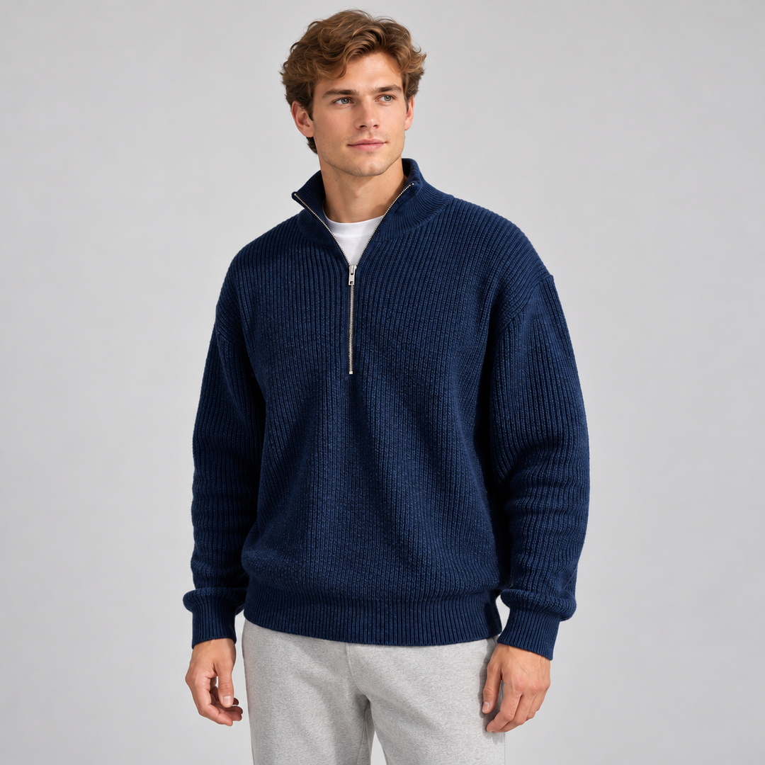 Niels | Ribstrikket Half-Zip Sweater til Mænd med Høj Krave