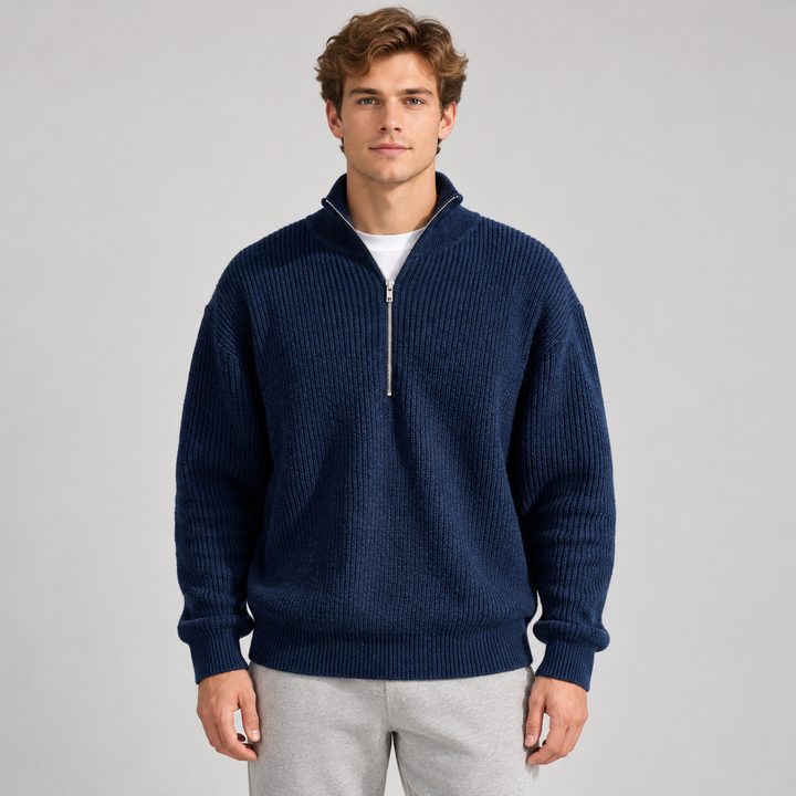 Niels | Ribstrikket Half-Zip Sweater til Mænd med Høj Krave