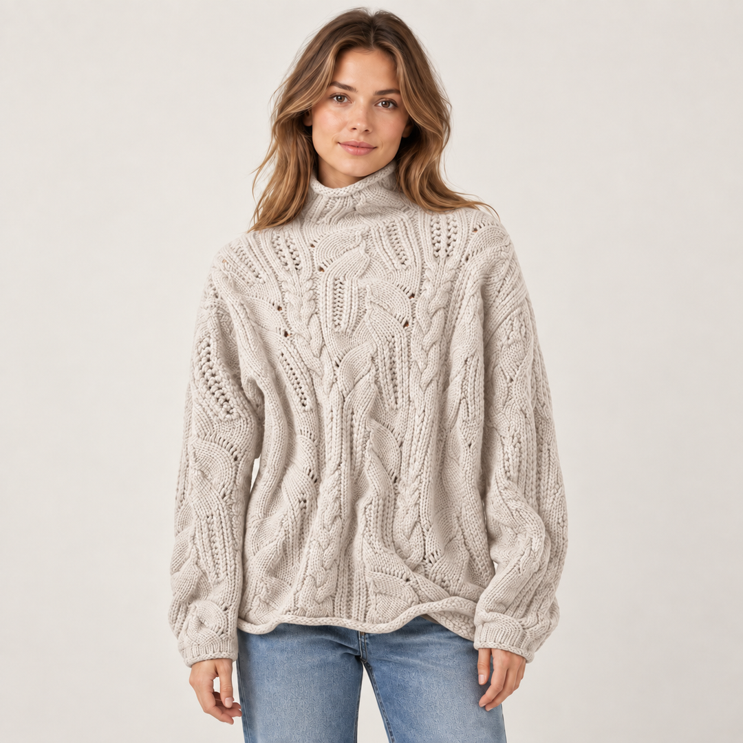 Nina | Kabelstrikket Rullekravesweater til Kvinder med Afslappet Pasform Bla