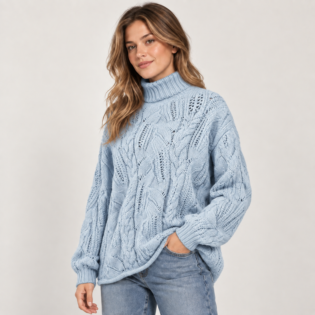 Nina | Kabelstrikket Rullekravesweater til Kvinder med Afslappet Pasform Bla