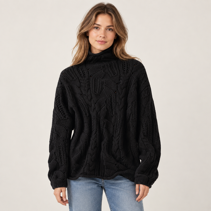 Nina | Kabelstrikket Rullekravesweater til Kvinder med Afslappet Pasform Bla