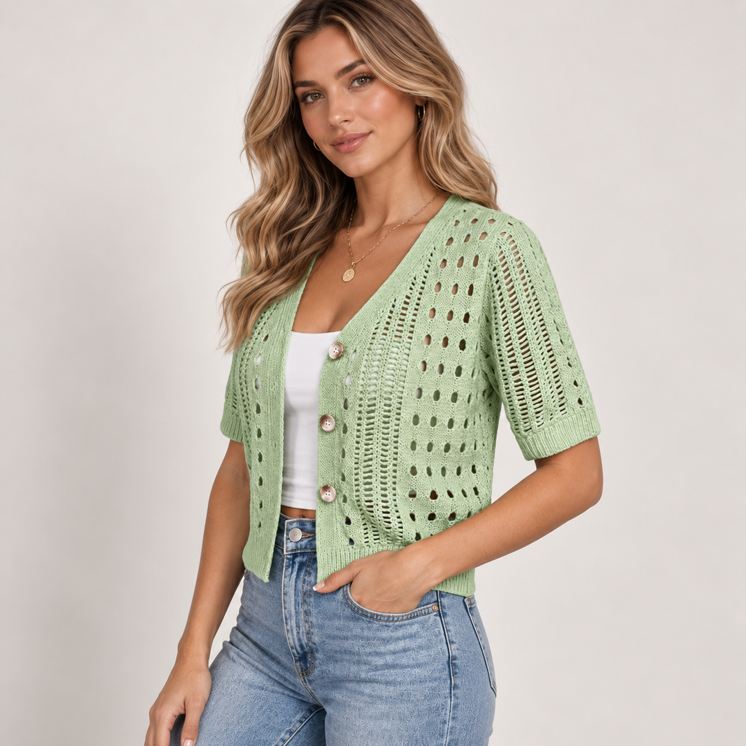 Pia | Kortærmet Cardigan til Kvinder med Åben Front Beige