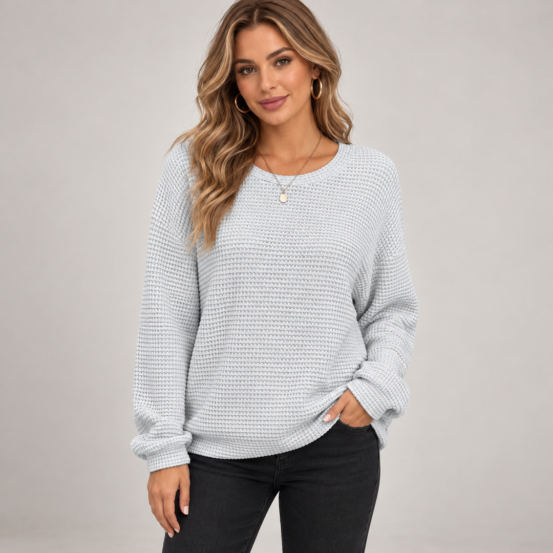 Rikke | Afslappet Vaffelstrikket Sweater til Kvinder med Rund Hals Gra