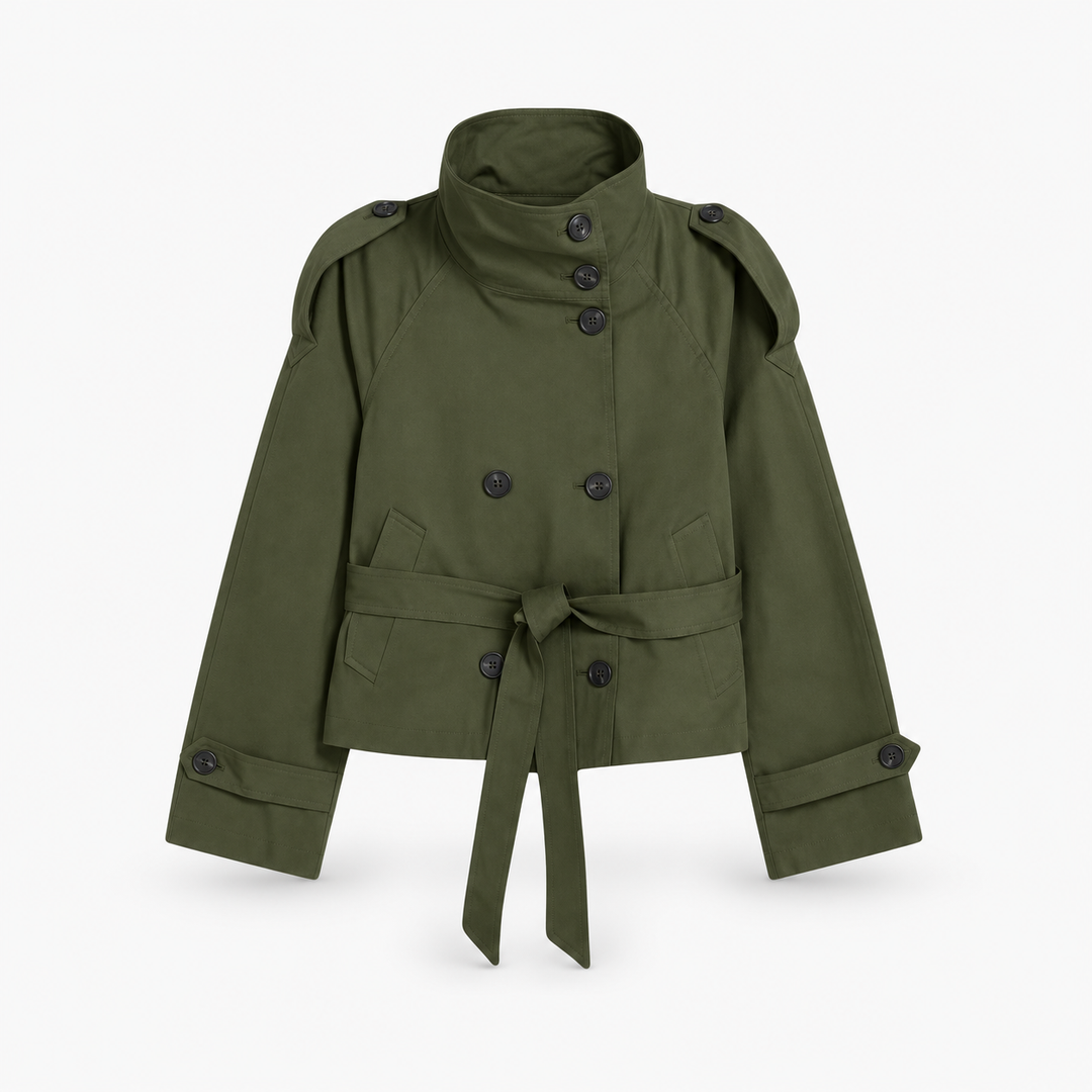 Sofie | Kort Dobbeltradet Trenchcoat til Kvinder med Bælte Khaki