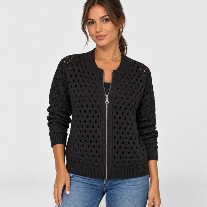Stine | Åbenstrikket Cardigan til Kvinder med Lynlås
