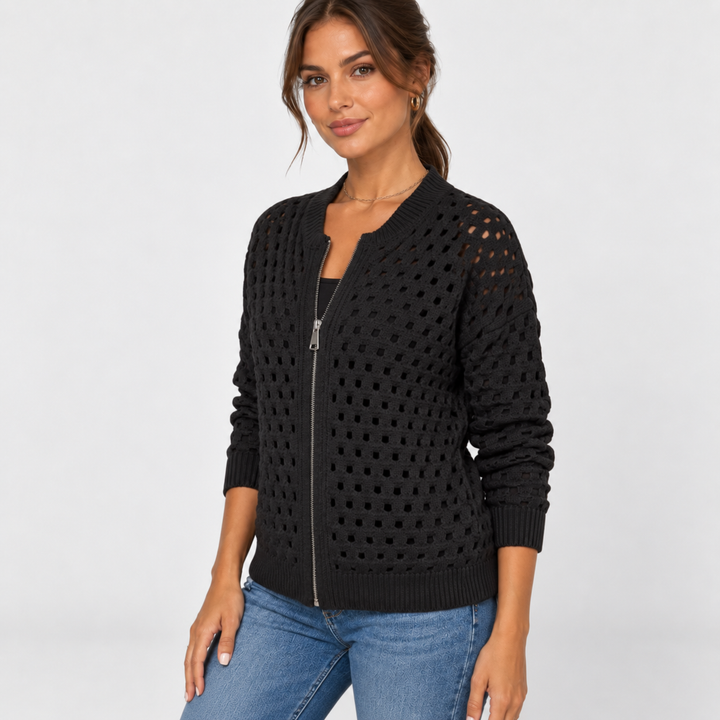 Stine | Åbenstrikket Cardigan til Kvinder med Lynlås