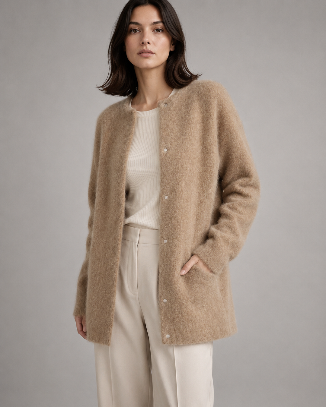 Strikket Cardigan til Kvinder med Knapper (khaki)